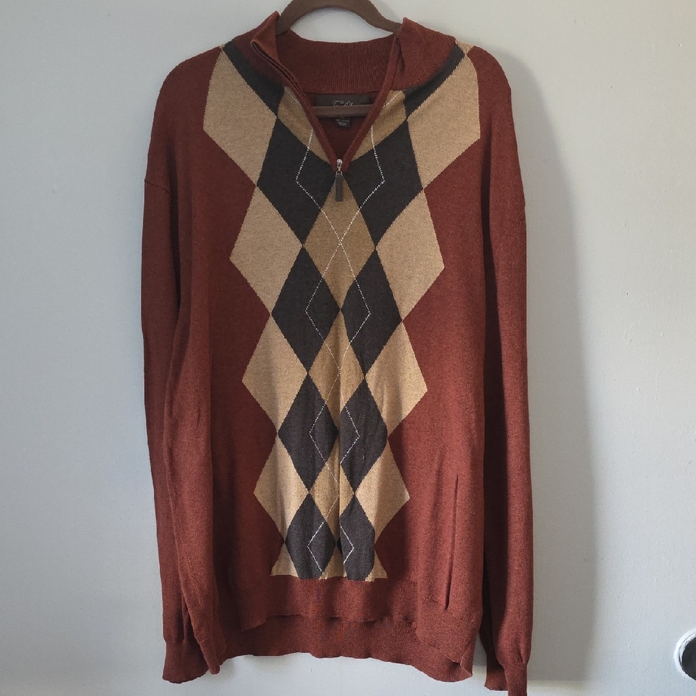 Tasso Elba Men's Quarter Zip Argyle Sweater 2XL 100% Cotton